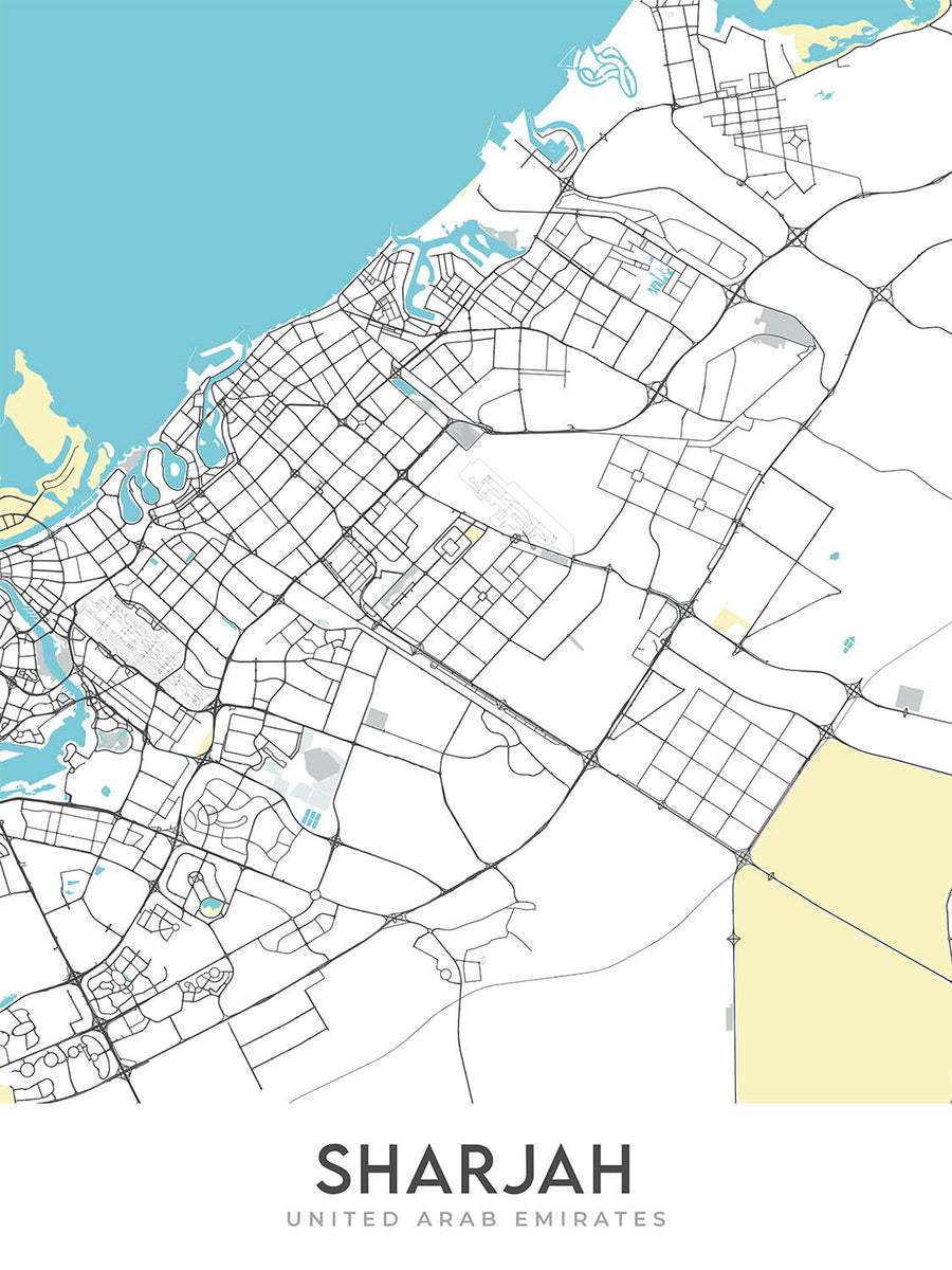 Mapa de la ciudad moderna de Sharjah, EAU: Mezquita Al Noor, Al Qasba, Paseo Marítimo Al Majaz, Universidad y Universidad Americana de Sharjah 