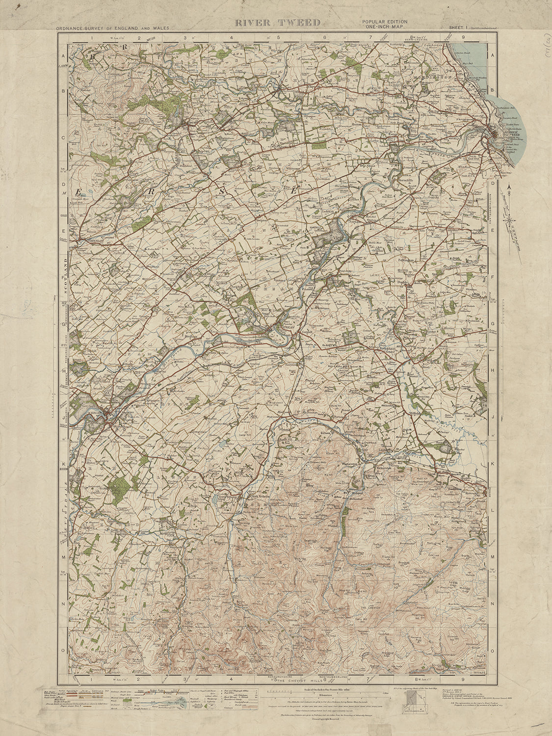 Old Ordnance Survey Map, Sheet 1 - River Tweed, 1919-1926: Coldstream, Kelso, Berwick-upon-Tweed, Duns, and Kirknewton