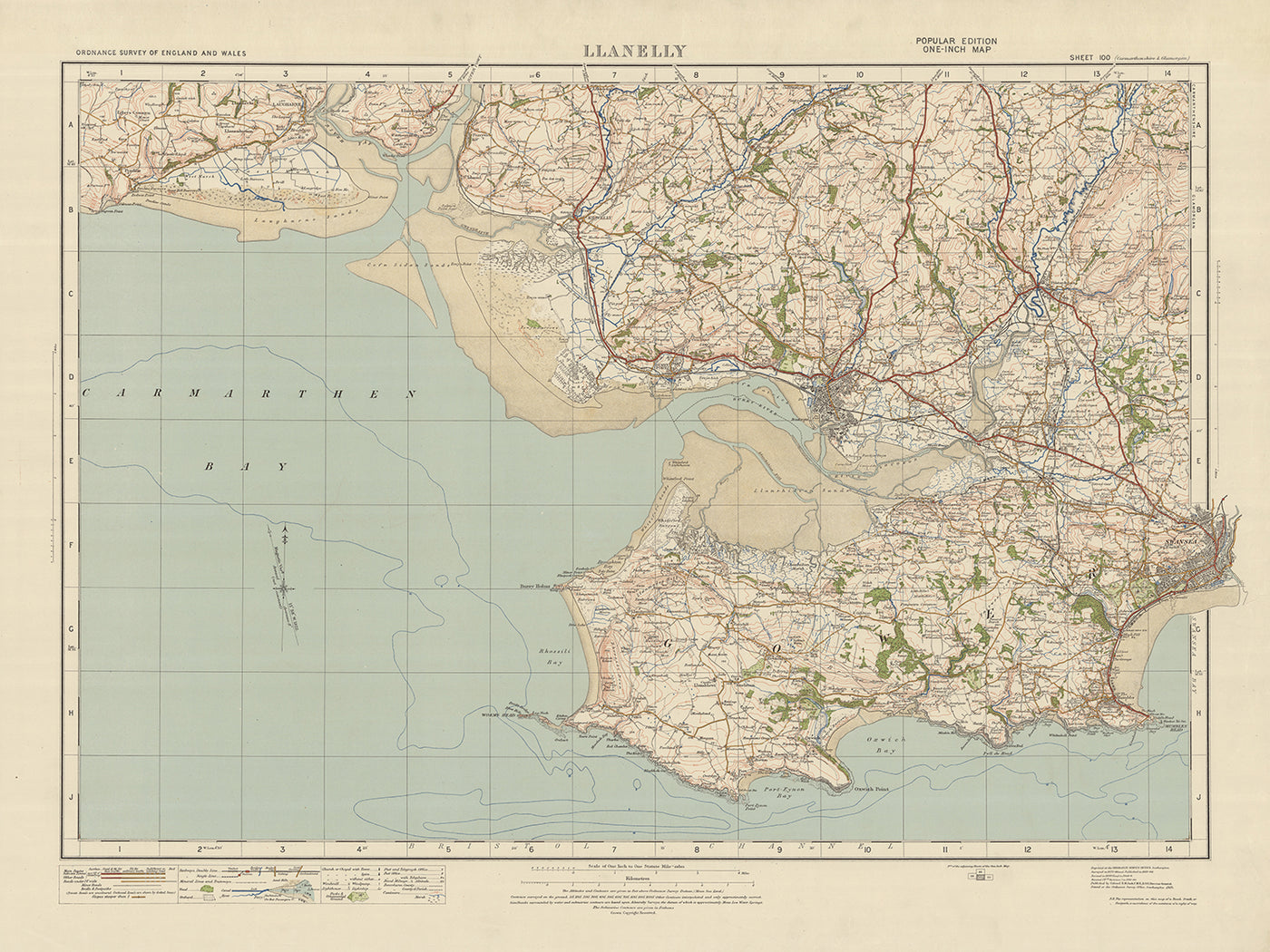Old Ordnance Survey Map, Blatt 100 – Llanelly, 1925: Swansea, Mumbles, Burry Port, Kidwelly, Gower AONB