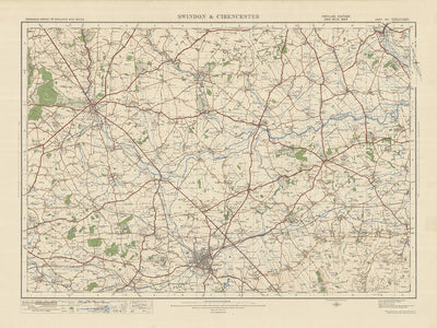 Carte Old Ordnance Survey, feuille 104 - Swindon & Cirencester, 1925 : Faringdon, Highworth, Witney, Carterton, Lechlade-on-Thames