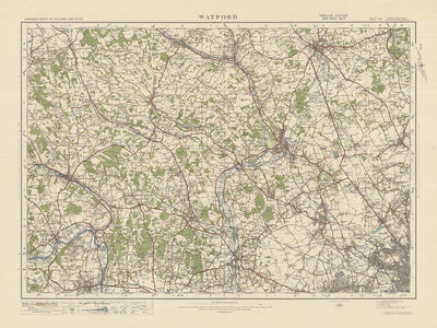 Carte Old Ordnance Survey, feuille 106 - Watford, 1925 : St Albans, Hemel Hempstead, High Wycombe, Maidenhead, parc régional de Clne Valley