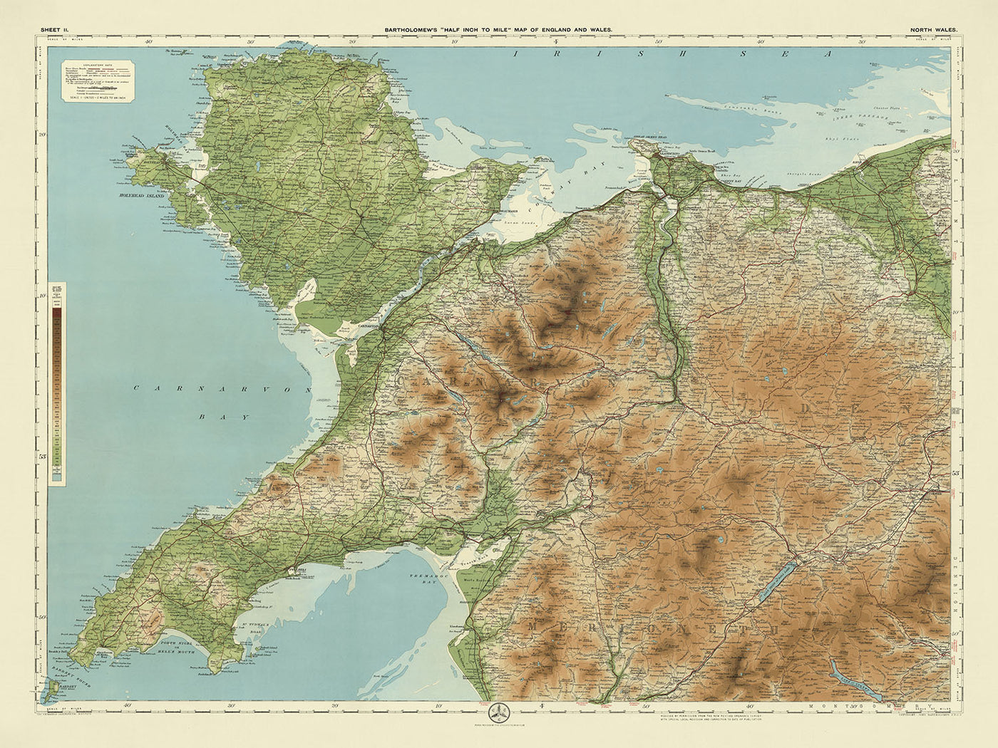 Old OS Map of North Wales by Bartholomew, 1901: Snowdon, Caernarfon, Llandudno, Menai Strait, Conwy, Anglesey