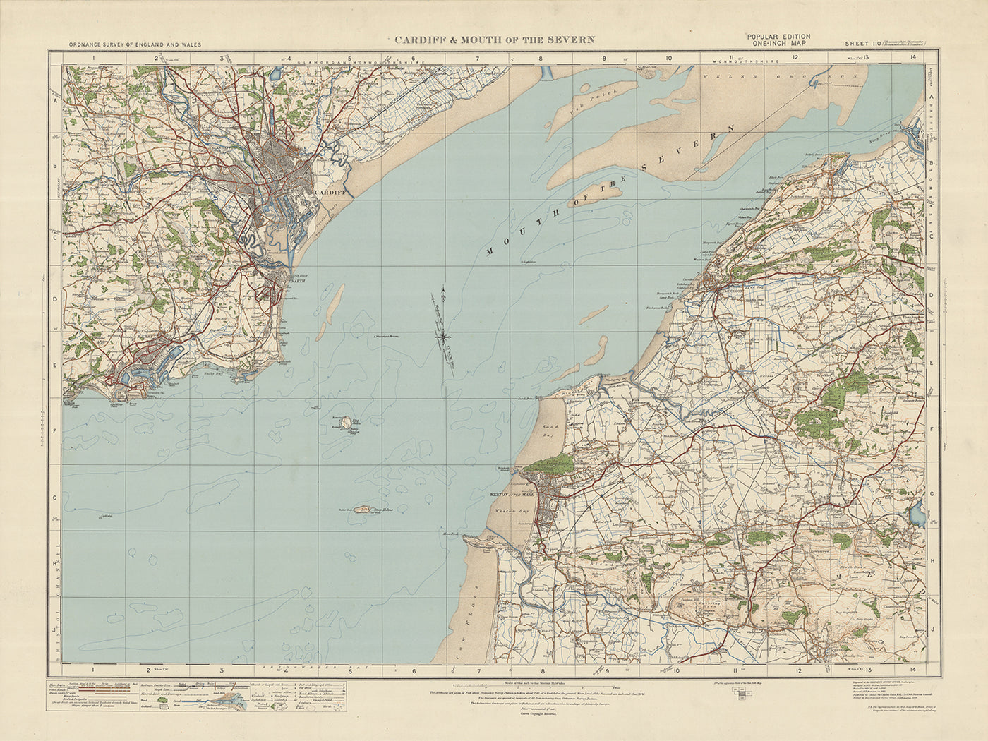 Mapa de Old Ordnance Survey, hoja 110 - Cardiff y desembocadura del Severn, 1925: Barry, Weston-super-Mare, Clevedon, Penarth, Mendip Hills AONB