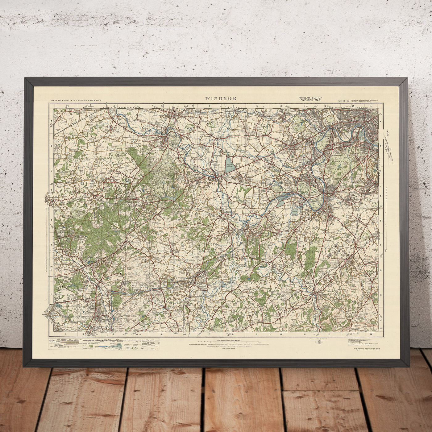 Mapa de Old Ordnance Survey, hoja 114 - Windsor, 1925: Woking, Farnborough, Slough, Bracknell, Richmond