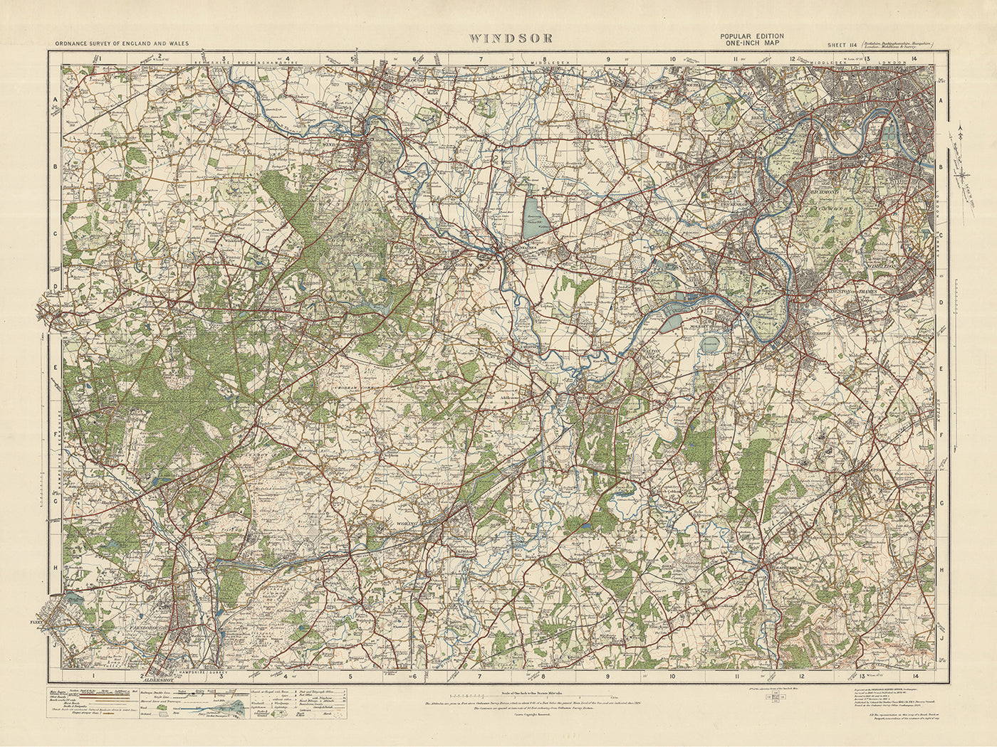 Old Ordnance Survey Map, Blatt 114 – Windsor, 1925: Woking, Farnborough, Slough, Bracknell, Richmond