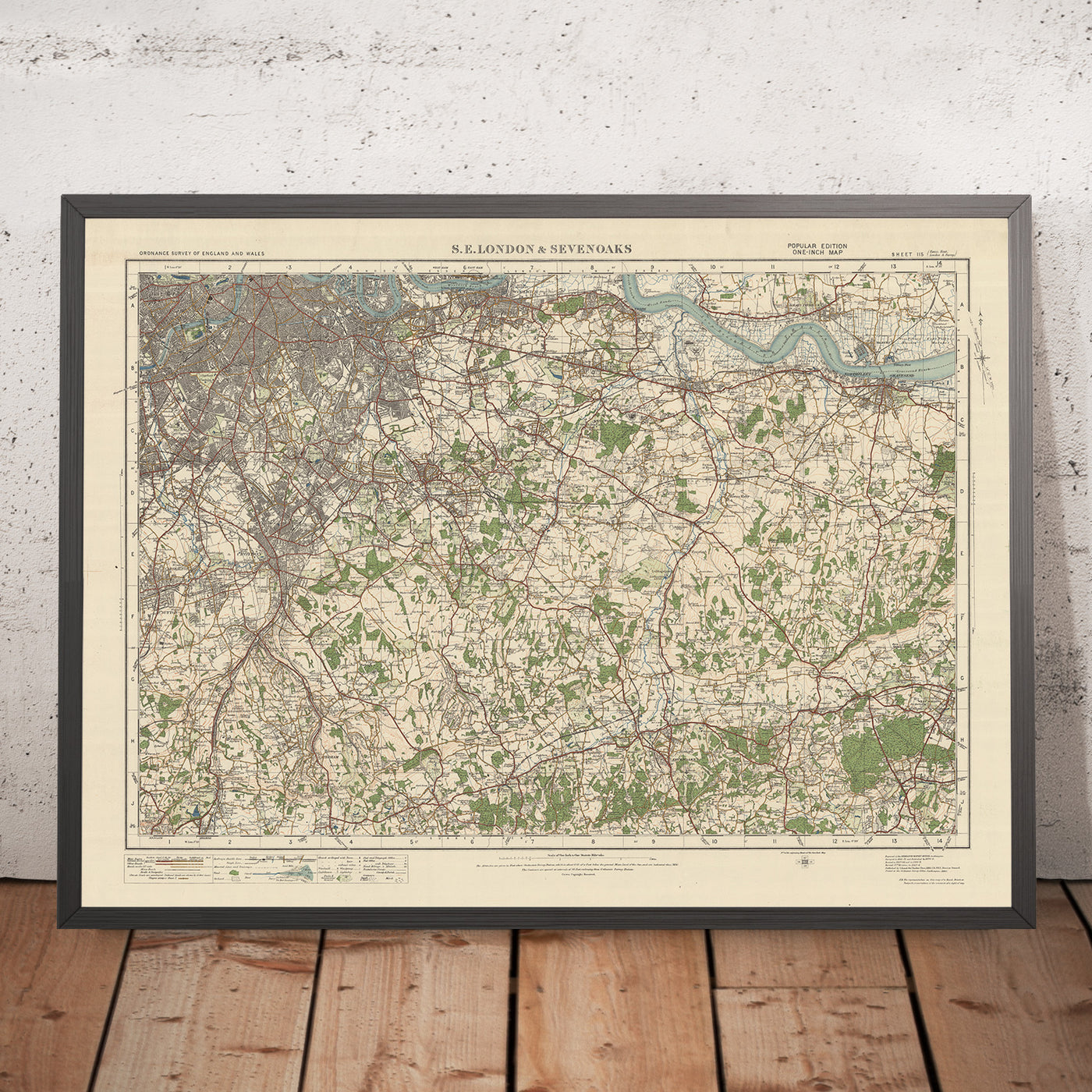Carte Old Ordnance Survey, feuille 115 - SE London & Sevenoaks, 1925 : Croydon, Bromley, Dartford, Gravesend, Caterham
