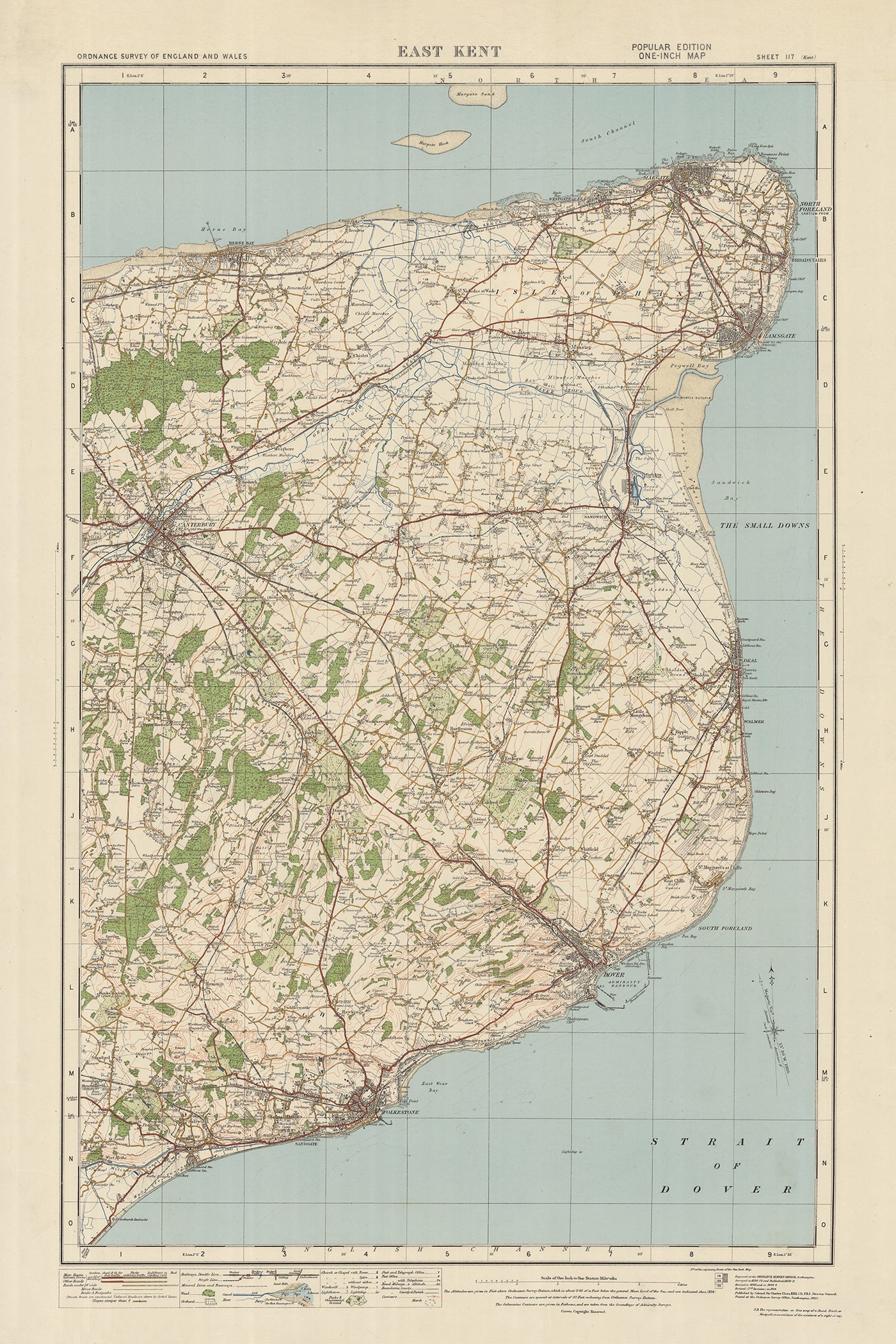Old Ordnance Survey Map, Sheet 117 - East Kent, 1925: Canterbury, Dover, Folkestone, Broadstairs, Kent Downs AONB