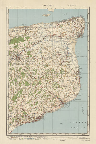 Mapa de Old Ordnance Survey, hoja 117 - East Kent, 1925: Canterbury, Dover, Folkestone, Broadstairs, Kent Downs AONB