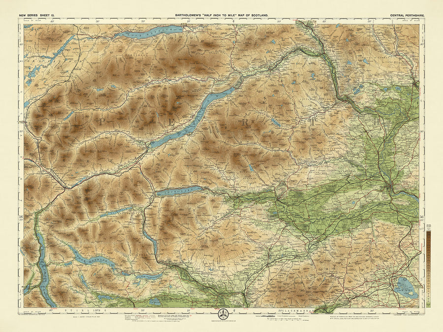 Mappa antica della Scozia centrale di Perthshire, realizzata da Bartholomew nel 1901: Perth, Loch Tay, Ben Lawers, fiume Tay, Schiehallion, Crieff 