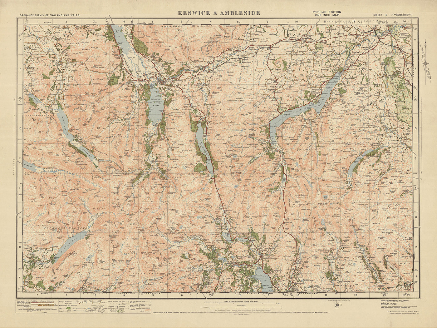 Old Ordnance Survey Map, Sheet 12 - Keswick & Ambleside, 1925: Buttermere, Lake Windermere, Derwent Water, Ullswater, Lake District