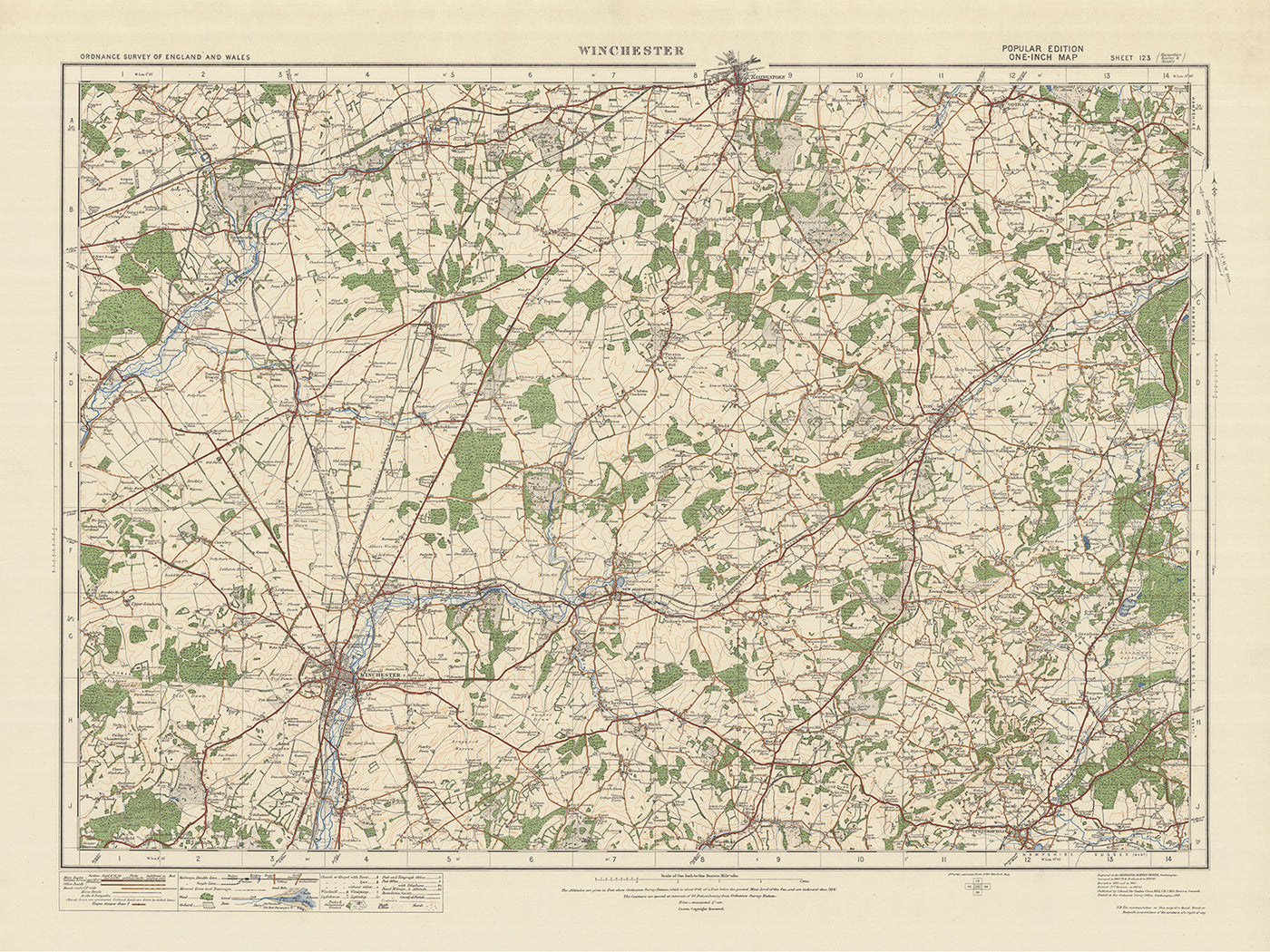 Carte Old Ordnance Survey, feuille 123 - Winchester, 1925 : Basingstoke, Whitchurch, Petersfield, Alton, Odiham
