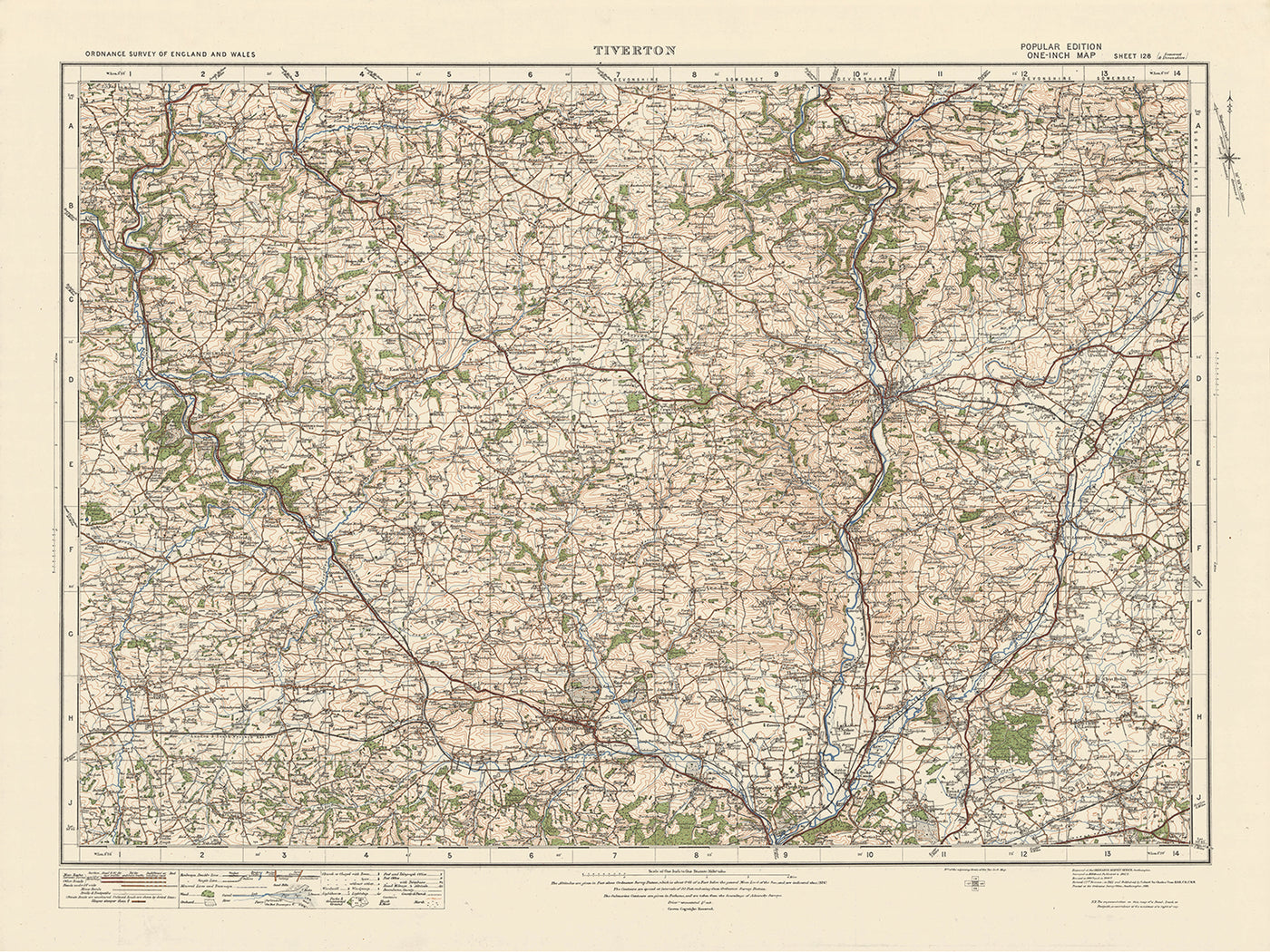 Old Ordnance Survey Map, Blatt 128 – Tiverton, 1925: Crediton, Cullompton, Bampton, Willand, North Tawton