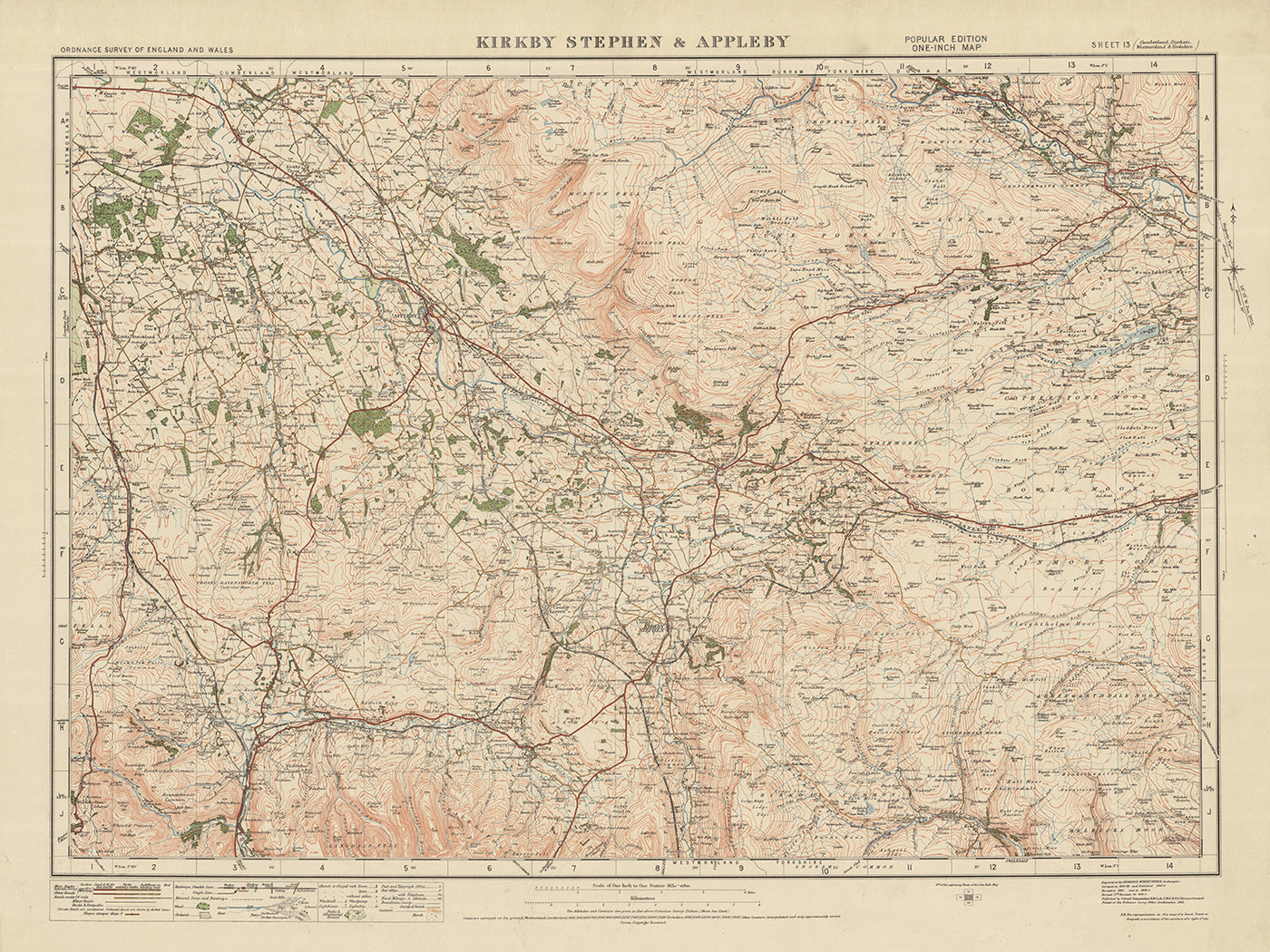 Mapa antiguo de Ordnance Survey, hoja 13 - Kirkby Stephen & Appleby, 1925: Brough, Shap, Tebay, Morland, North Pennines AONB