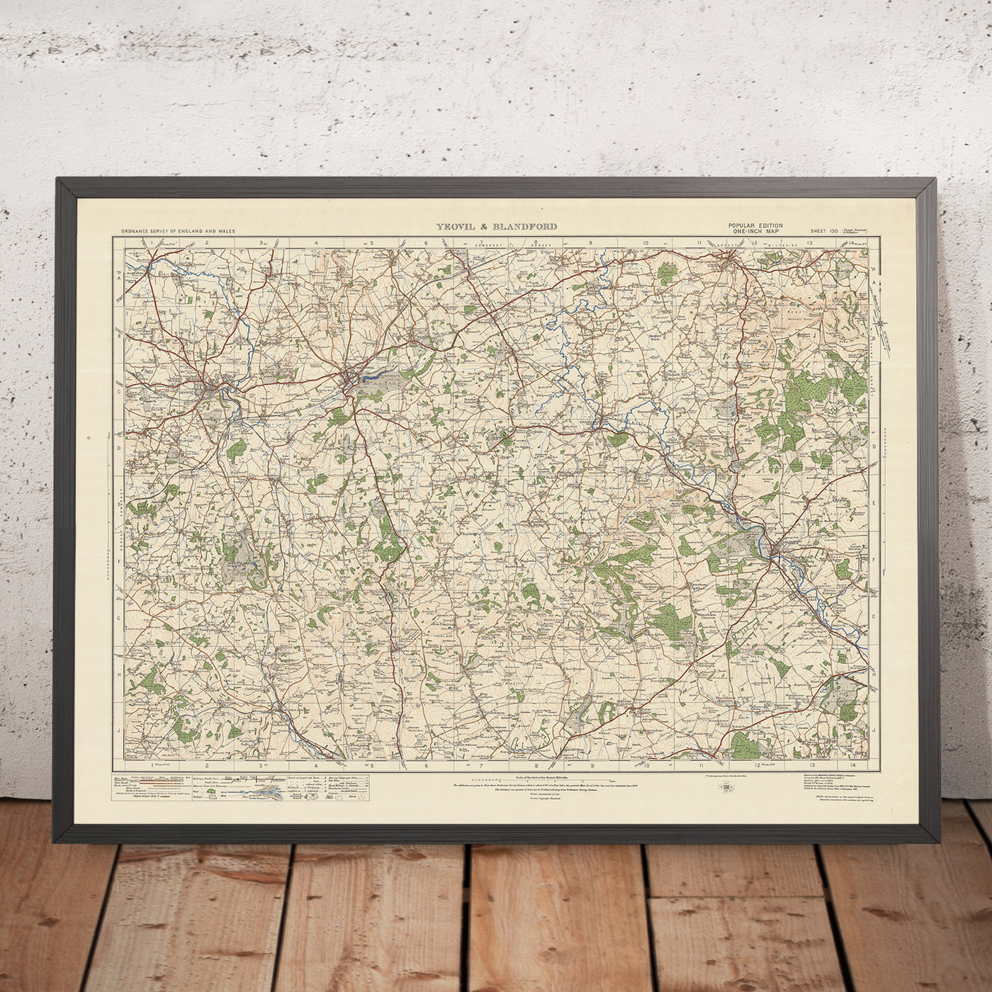 Mapa de estudio de artillería antigua, hoja 130 - Yeovil & Blandford, 1925: Sherborne, Shaftesbury, Ilchester, Maiden Newton, Dorset AONB