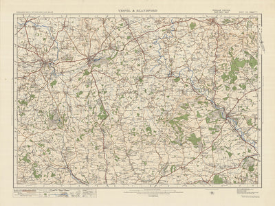 Mapa de estudio de artillería antigua, hoja 130 - Yeovil & Blandford, 1925: Sherborne, Shaftesbury, Ilchester, Maiden Newton, Dorset AONB