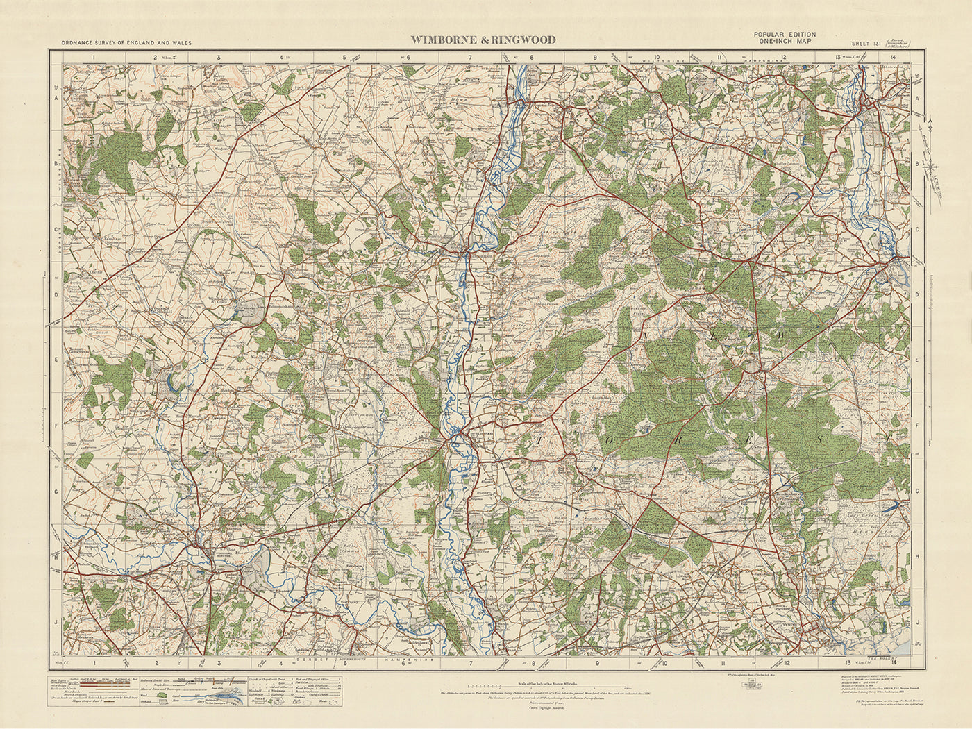 Carte Old Ordnance Survey, feuille 131 - Wimborne & Ringwood, 1925 : Fordingbridge, Lymington, Romsey, Brockenhurst et parc national New Forest