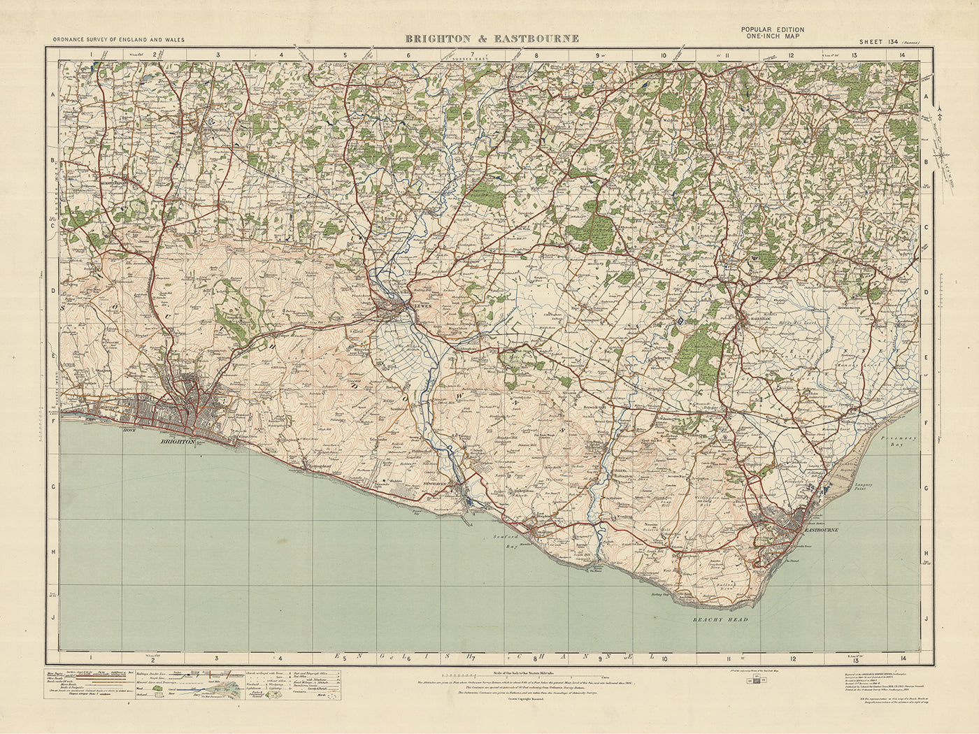 Old Ordnance Survey Map, Blatt 134 – Brighton & Eastbourne, 1925: Lewes, Newhaven, Burgess Hill, Hassocks, Hailsham