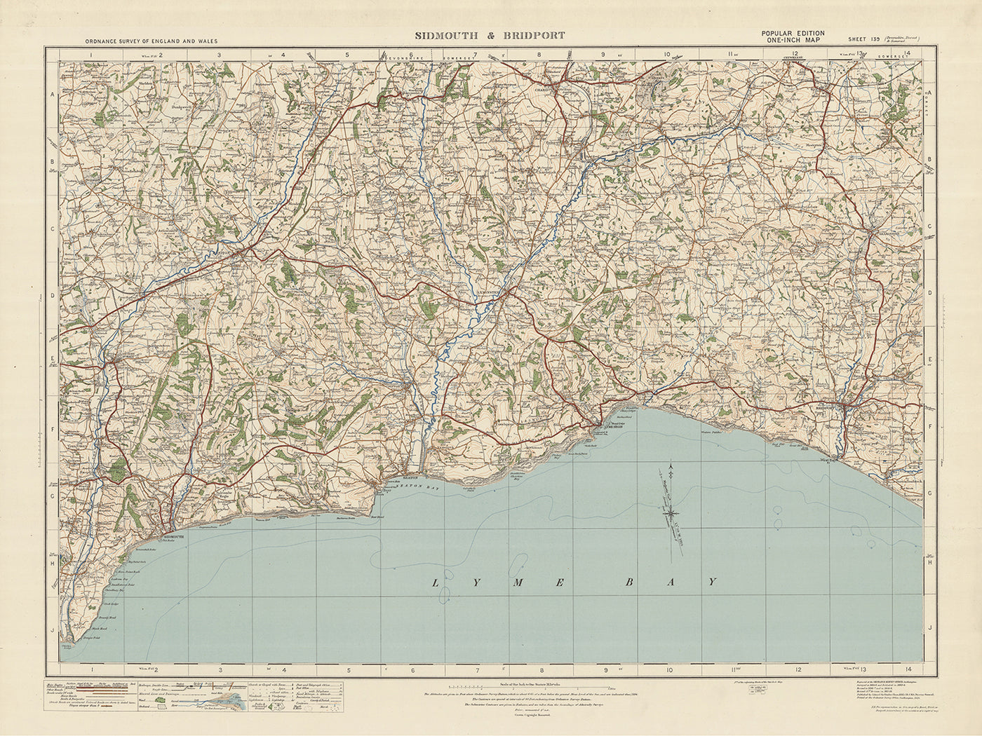 Old Ordnance Survey Map, Sheet 139 - Sidmouth & Bridport, 1925: Seaton, Honiton, Lyme Regis, Axminster, East Devon AONB