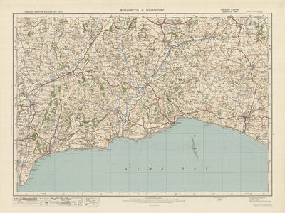 Carte Old Ordnance Survey, feuille 139 - Sidmouth & Bridport, 1925 : Seaton, Honiton, Lyme Regis, Axminster, East Devon AONB