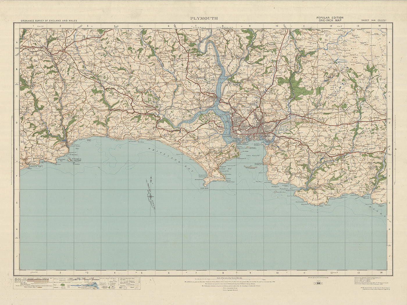 Alte Ordnance Survey Karte, Blatt 144 - Plymouth, 1919-1926: Saltash, Liskeard, Torpoint und Callington, mit Dartmoor National Park, Fluss Tamar, Royal Albert Bridge
