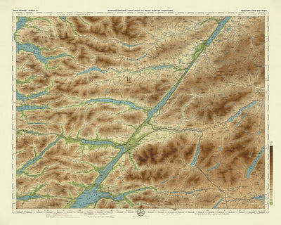 Antiguo mapa OS del distrito de Fort-William, Inverness-shire por Bartholomew, 1901: Ben Nevis, Lago Ness, Glen Nevis, Canal de Caledonia, Lago Lochy, Fort William