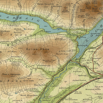 Antiguo mapa OS del distrito de Fort-William, Inverness-shire por Bartholomew, 1901: Ben Nevis, Lago Ness, Glen Nevis, Canal de Caledonia, Lago Lochy, Fort William