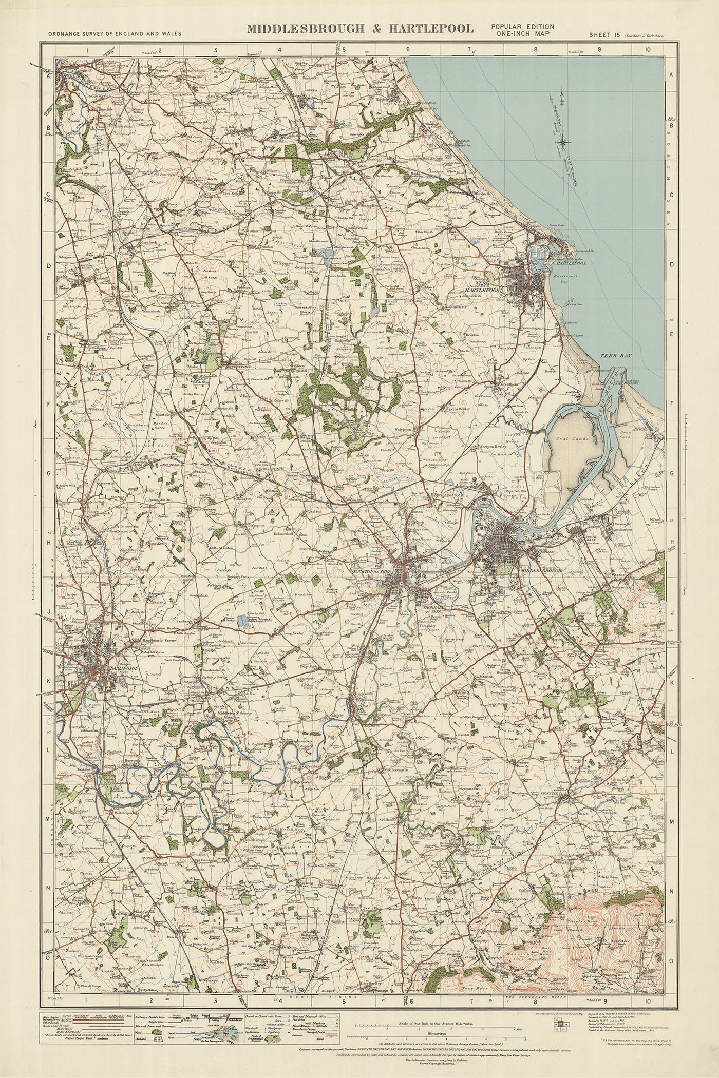 Alte Ordnance Survey Karte, Blatt 15 - Middlesbrough & Hartlepool, 1925: Durham, Thornaby, Seaton Carew, Darlington, Stockton-on-Tees