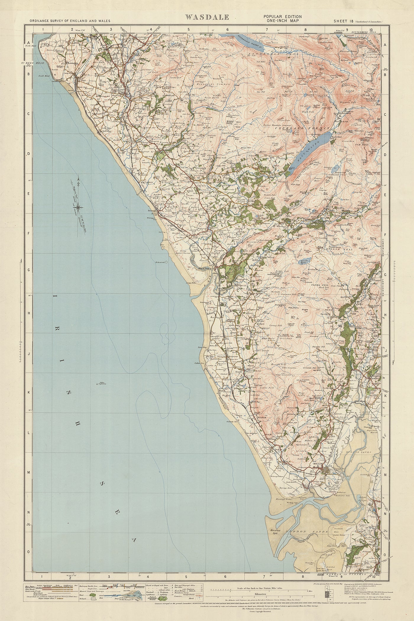 Old Ordnance Survey Map, Sheet 18 - Wasdale, 1925: Egremont, Ravenglass, Millom, Scafell Pike, Lake District National Park