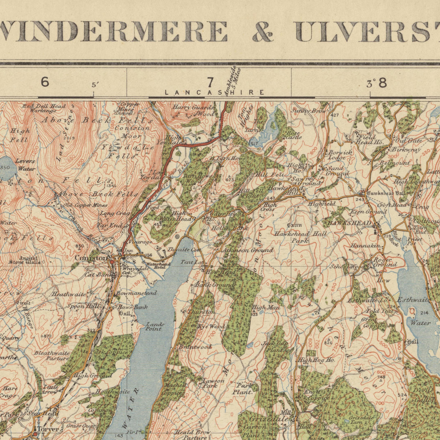 Ancienne carte de l'Ordnance Survey, feuille 19 - Windermere & Ulverston, 1925 : Dalton-in-Furness, Millom, Grange-over-Sands, Kendal et le parc national du Lake District