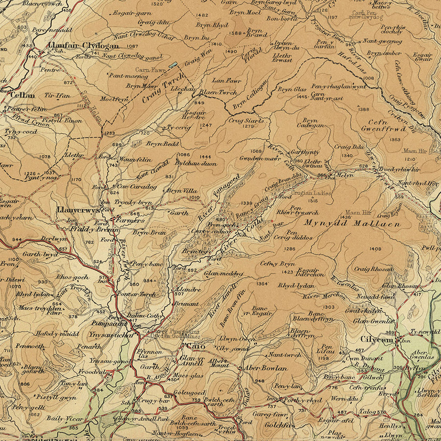 Mappa OS antica del Carmarthenshire di Bartholomew, 1901: Brecon Beacons, Llandeilo, fiume Towy, baia di Cardigan, Montagna Nera, Llyn y Fan Fach 
