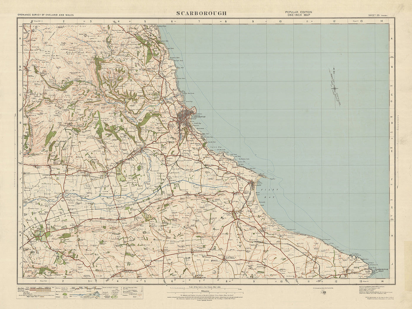 Alte Ordnance Survey Karte, Blatt 23 - Scarborough, 1925: Filey, Hunmanby, Sherburn, North Riding Forest Park, Flamborough Outer Headlands Nature Reserve