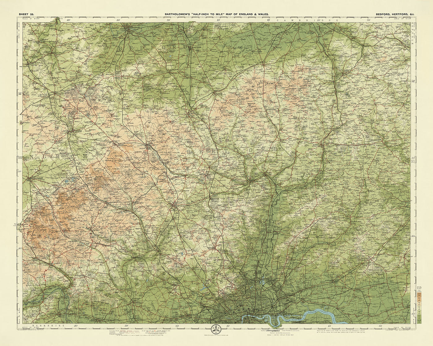 Old OS Map of Bedfordshire & Hertfordshire by Bartholomew, 1901: Luton, Chiltern Hills, London, Hemel Hempstead, St Albans