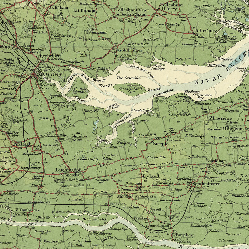 Antiguo mapa OS de Essex por Bartholomew, 1901: Chelmsford, Colchester, río Támesis, bosque de Epping, fuerte de Tilbury, estuario del Támesis