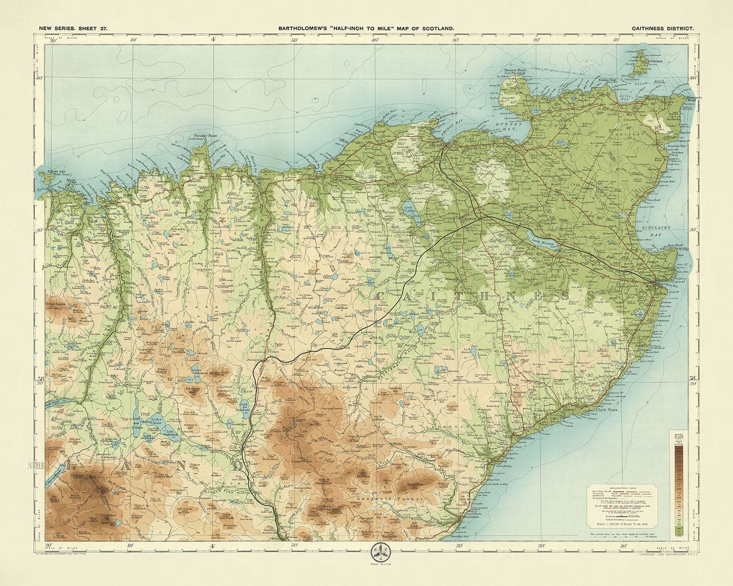 Old OS Map of Caithness District by Bartholomew, 1901: Thurso, Wick, D ...