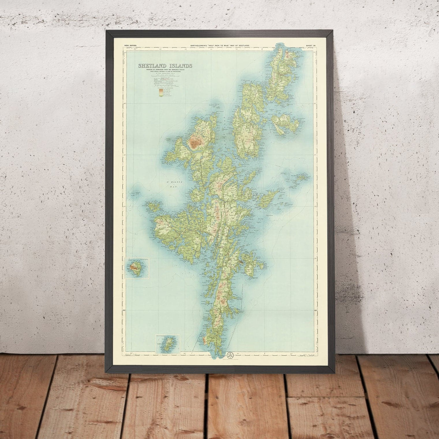 Alte OS-Karte der Shetlandinseln von Bartholomew, 1901: Lerwick, Ronas Hill, Sullom Voe, Jarlshof, Fair Isle, Foula