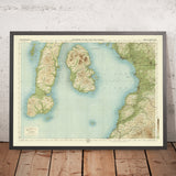 Ancienne carte OS de Kintyre, île d'Arran et Lower Clyde par Bartholomew, 1901 : Mull, Brodick, Goat Fell, rivière Clyde, Campbeltown 