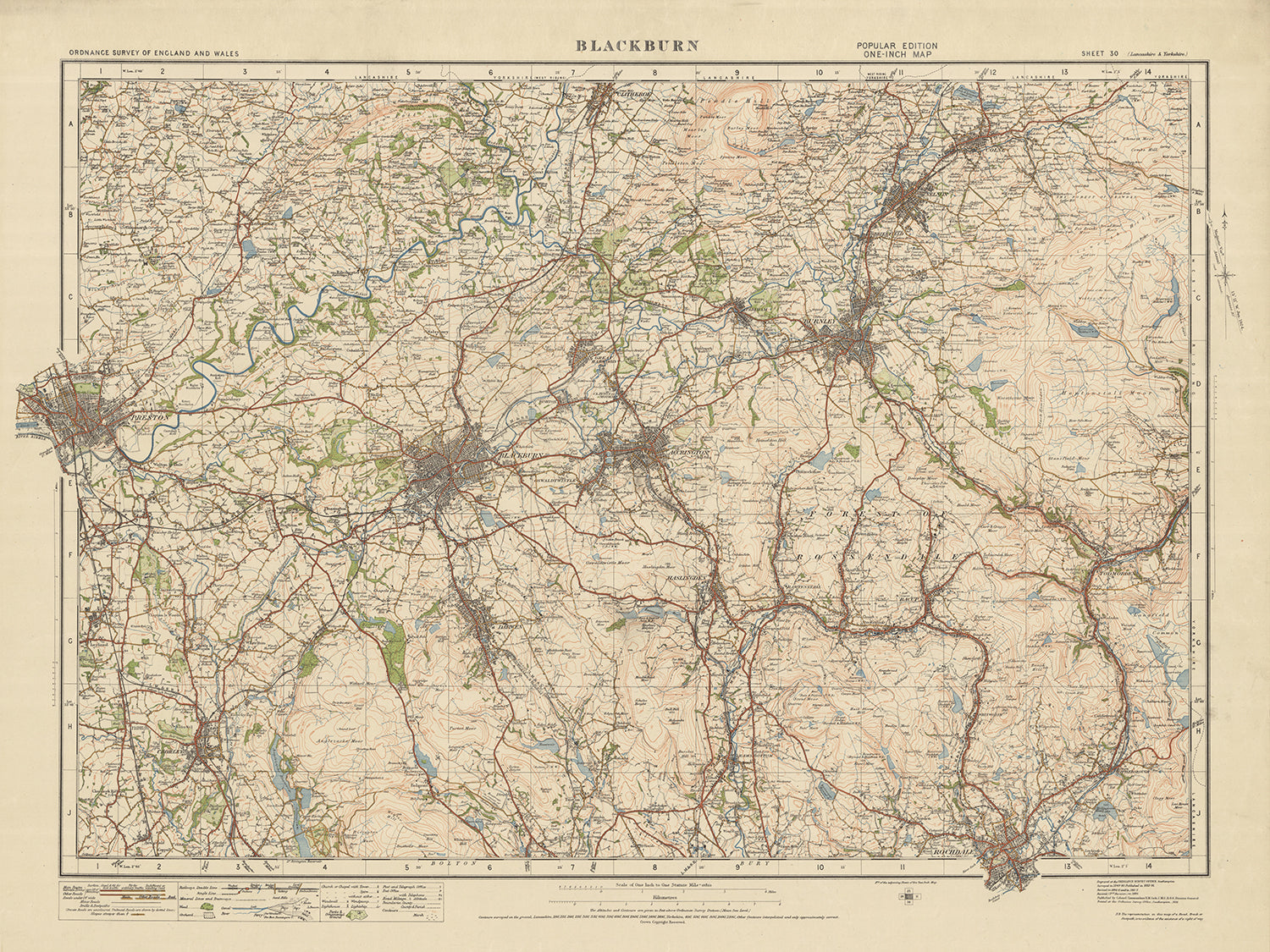 1925 Map Old Ordnance Survey Map, Sheet 30 - Blackburn, 1925: Preston, Burnley ...