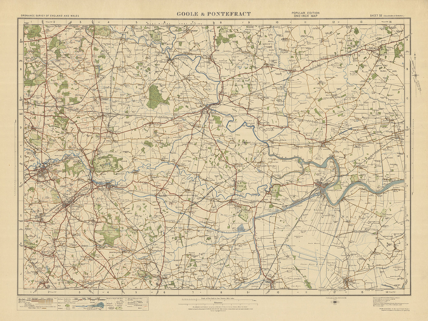 Alte Ordnance Survey Karte, Blatt 32 - Goole & Pontefract, 1925: Castleford, Knottingley, Selby, Howden, Snaith
