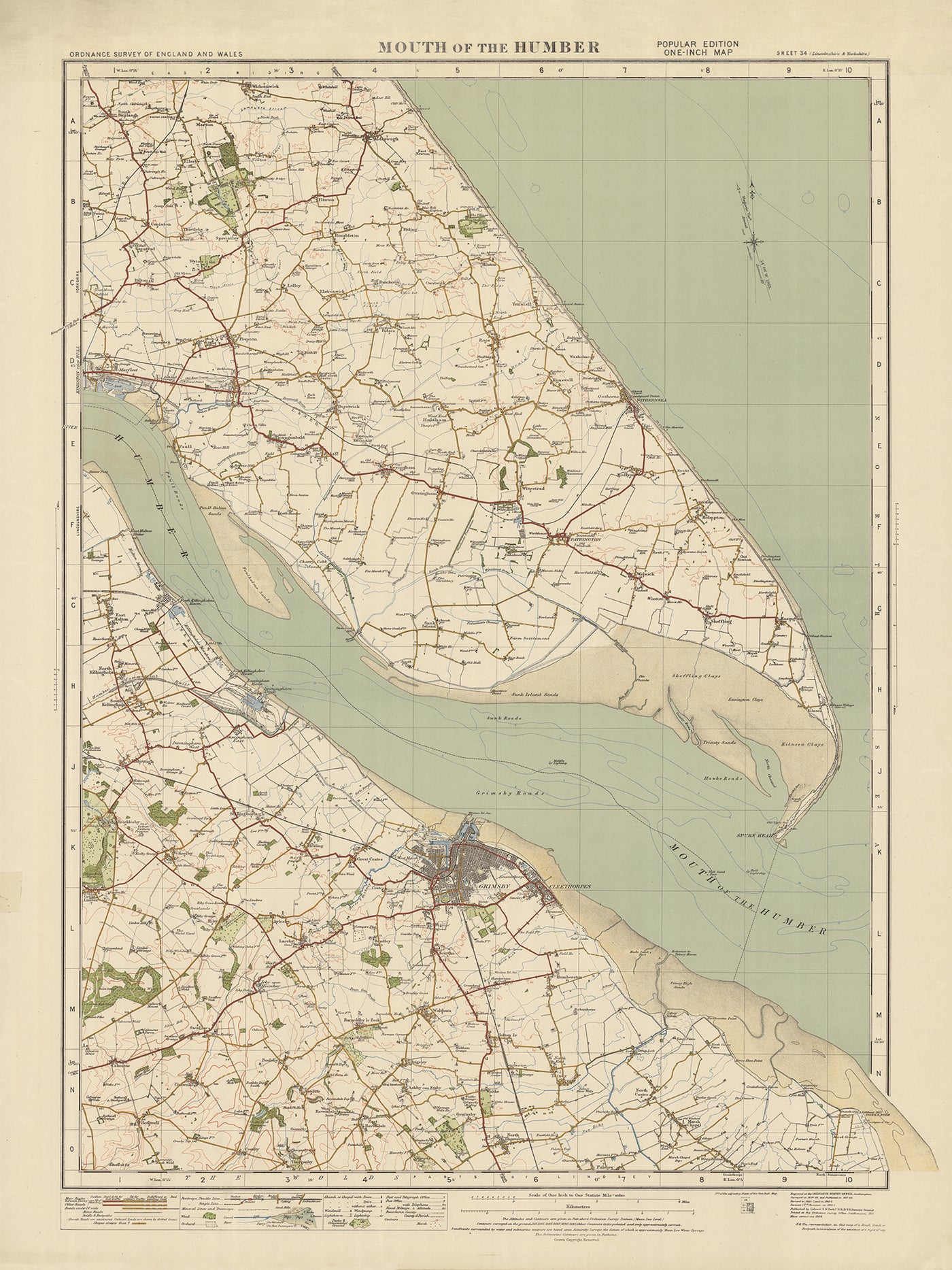 Old Ordnance Survey Map, Sheet 34 - Mouth of the Humber, 1925: Grimsby, Withernsea, Humberston, Immingham, Spurn Heritage Coast