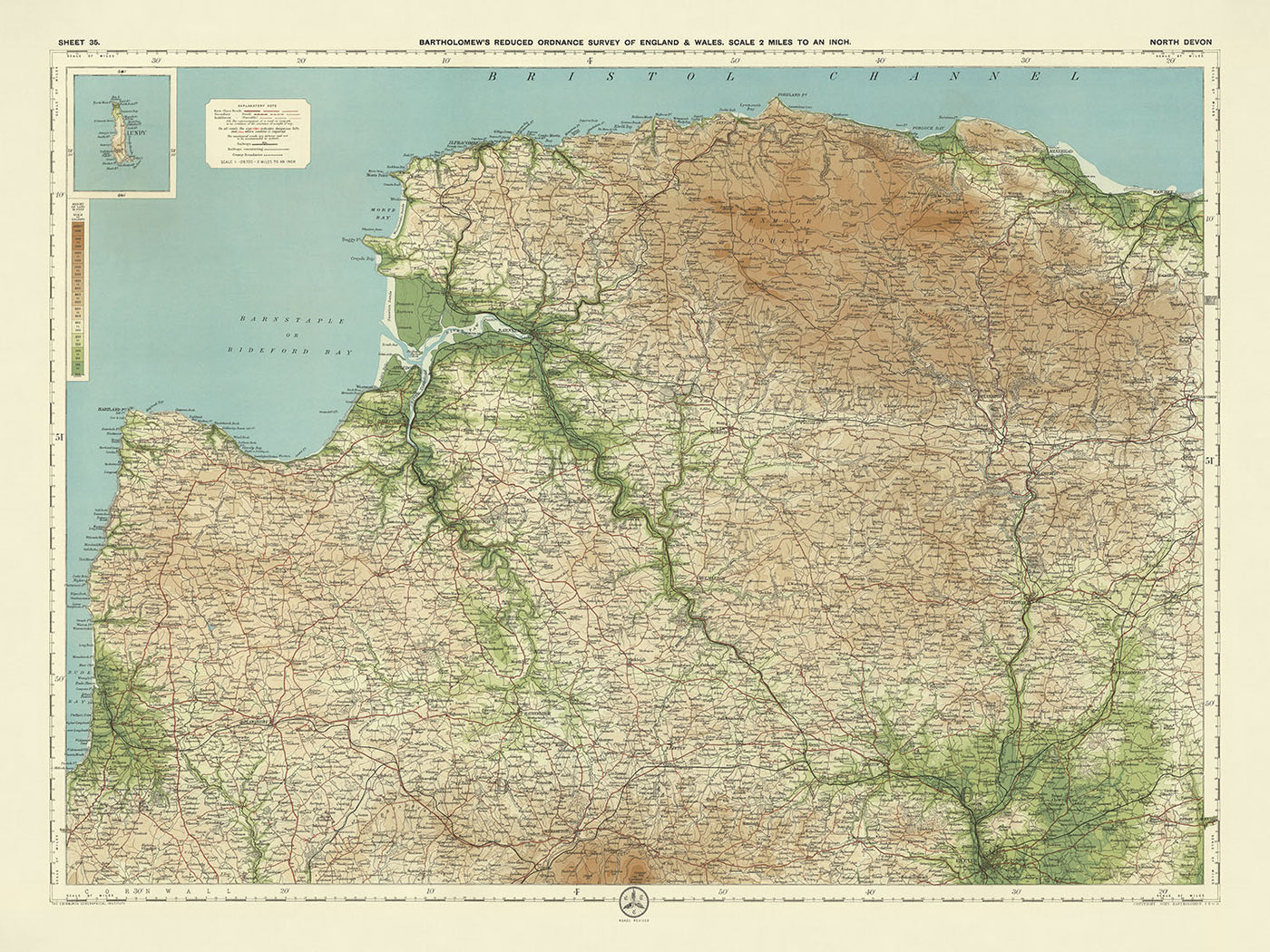 Mapa OS antiguo de North Devon por Bartholomew, 1901: Barnstaple, Exmoor, River Taw, Bideford Bay, Lundy Island