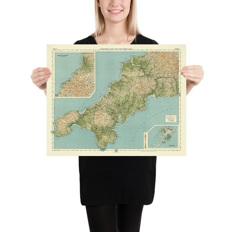 Ancienne carte OS de Cornwall par Bartholomew, 1901 : St Austell, Bodmin Moor, Château de Tintagel, Land's End, St Michael's Mount, Îles Scilly
