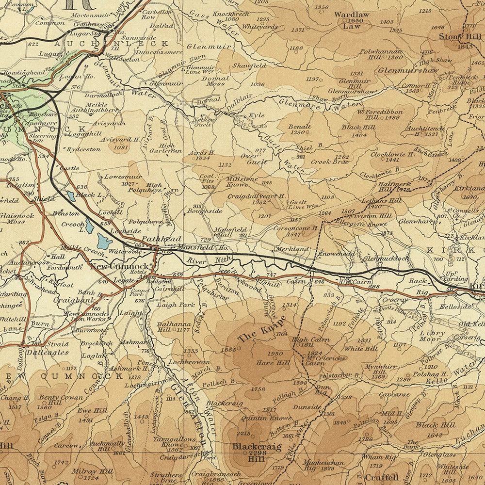 Alte OS-Karte von Ayr, Ayrshire von Bartholomew, 1901: Kilmarnock, Irvine, Clyde, Hochland, Eisenbahnen, Relief