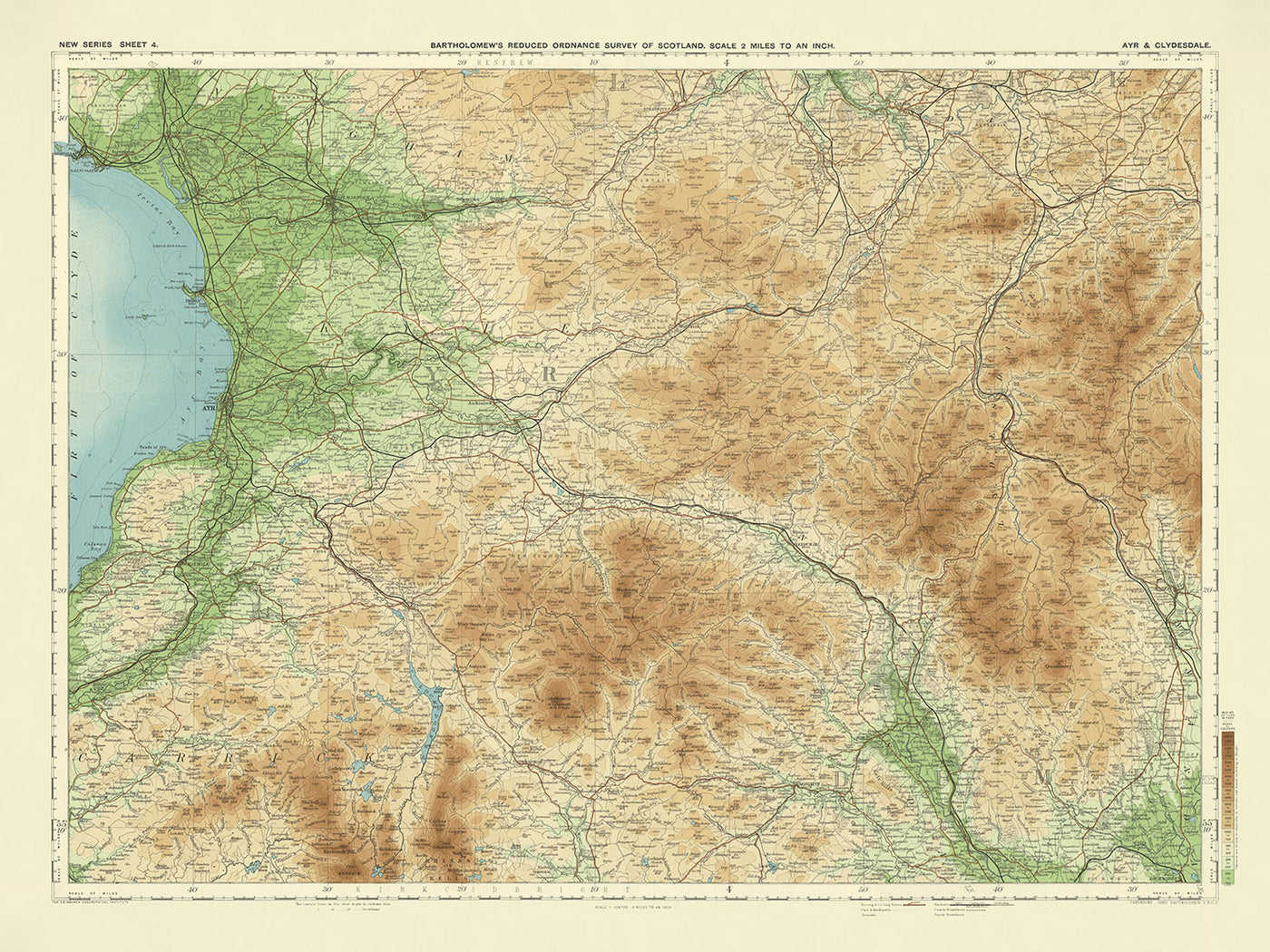 Antiguo mapa OS de Ayr, Ayrshire por Bartholomew, 1901: Kilmarnock, Irvine, Clyde, Uplands, Ferrocarriles, Relieve
