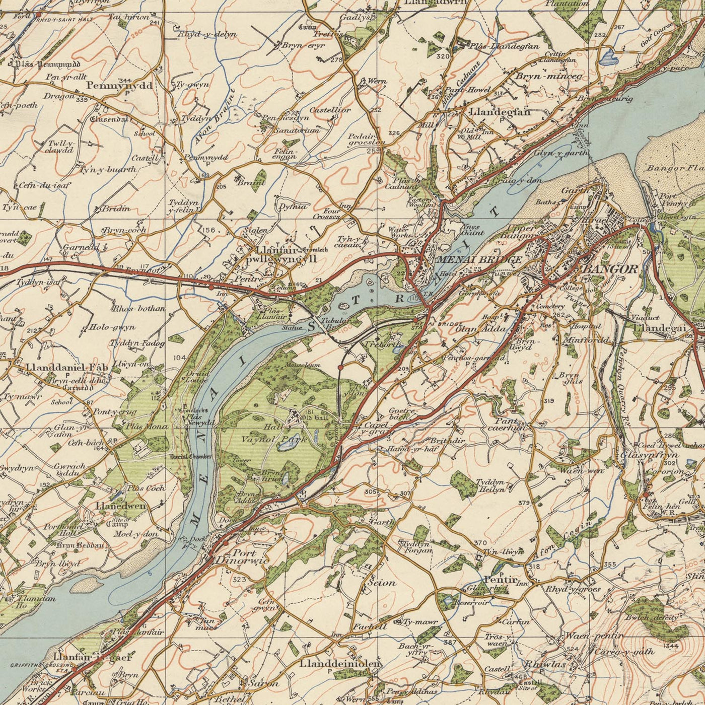 Mapa de estudio de artillería antigua, hoja 41 - Anglesey, 1925: Bangor, Caernarfon, Holyhead, Amlwch, Beaumaris