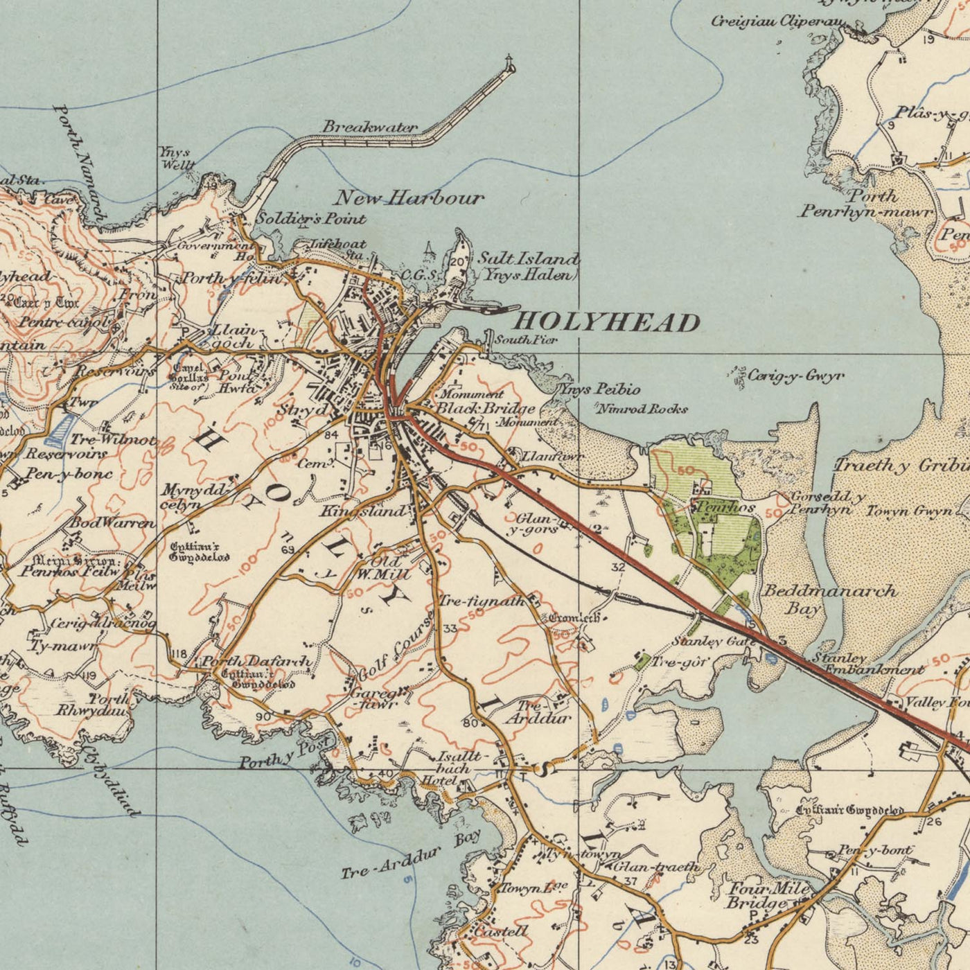 Mapa de estudio de artillería antigua, hoja 41 - Anglesey, 1925: Bangor, Caernarfon, Holyhead, Amlwch, Beaumaris