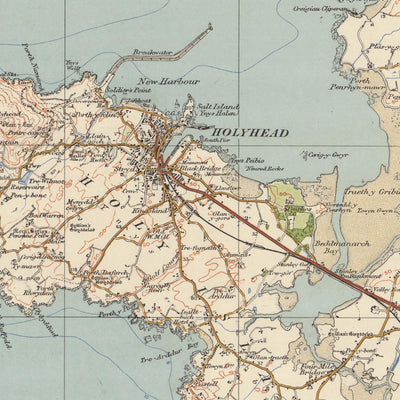 Mapa de estudio de artillería antigua, hoja 41 - Anglesey, 1925: Bangor, Caernarfon, Holyhead, Amlwch, Beaumaris