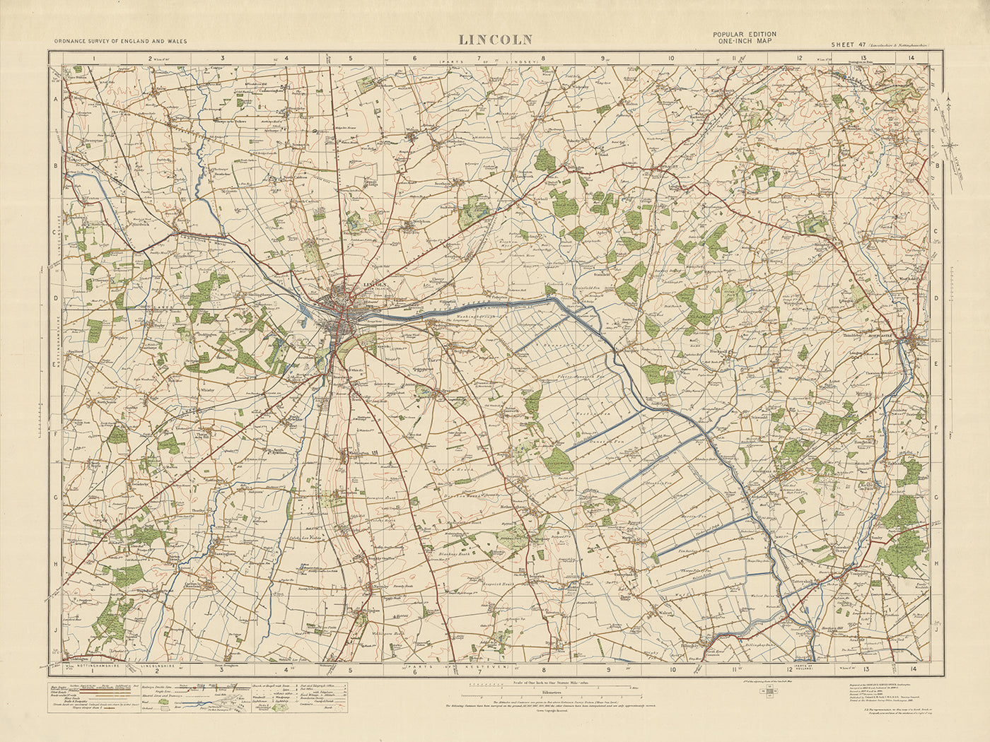 Mapa de Old Ordnance Survey, hoja 47 - Lincoln, 1925: Horncastle, Woodhall Spa, Wragby, North Hykeham, Metheringham