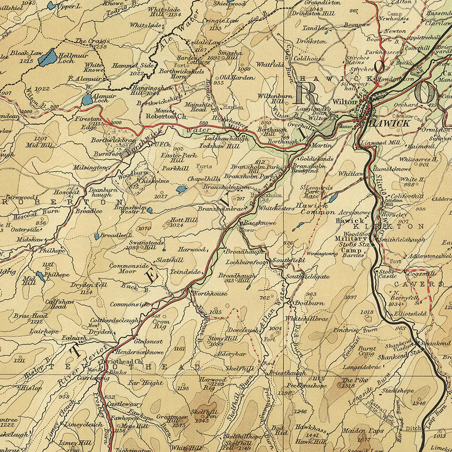 Mappa antica della contea di Dumfriesshire e Roxburghshire di Bartholomew, 1901: Dumfries, Hawick, Fiume Clyde, Tweed, Confine scozzese 