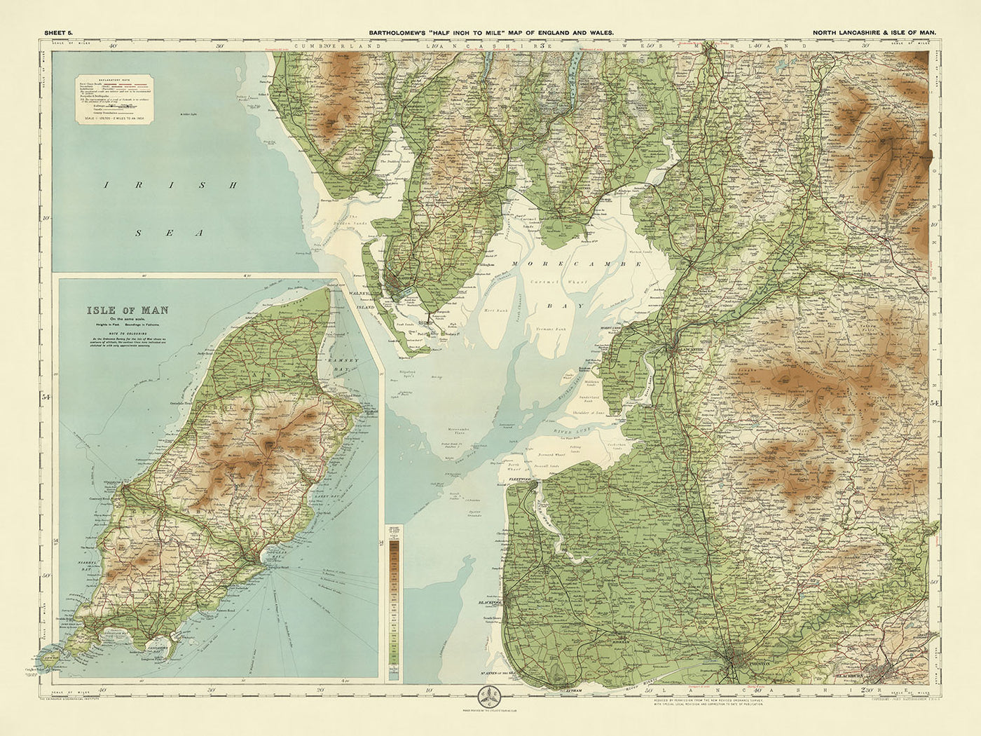 Ancienne carte OS du nord du Lancashire et de l'île de Man par Bartholomew, 1901 : Lancaster, Douglas, Morecambe, Snaefell, forêt de Bowland, château de Peel