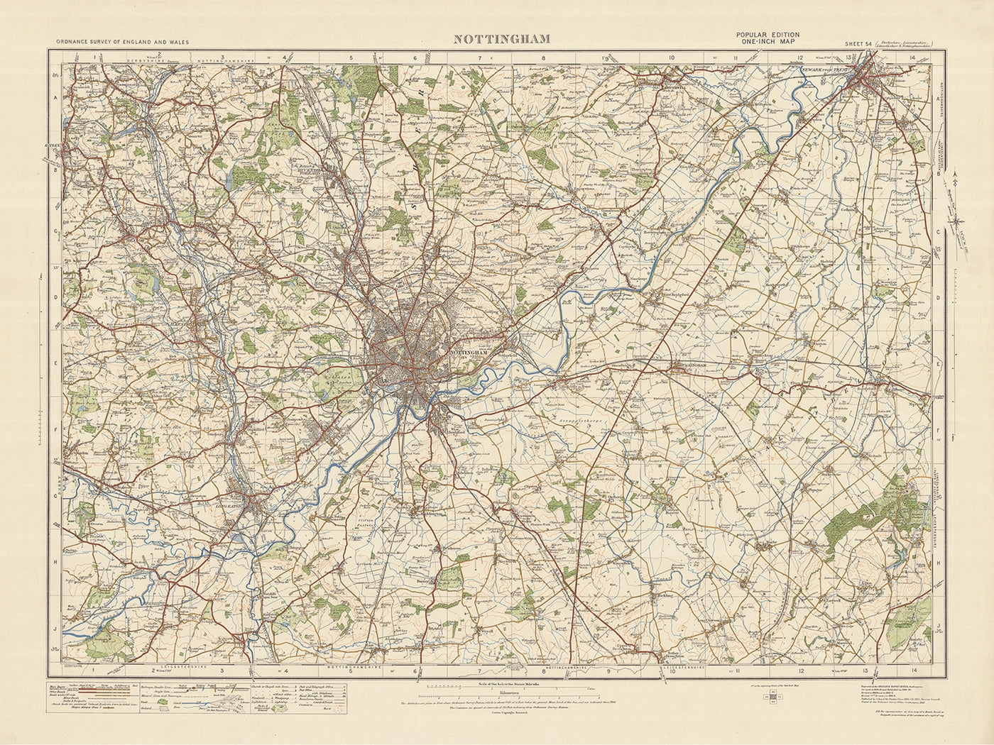 Mapa de Old Ordnance Survey, hoja 54 - Nottingham, 1925: Ilkeston, Heanor, Long Eaton, Newark-on-Trent, Southwell